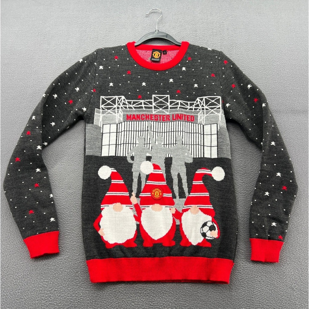 Manchester United Official Holiday Sweater Mens Small Gnomes Old Trafford Grey